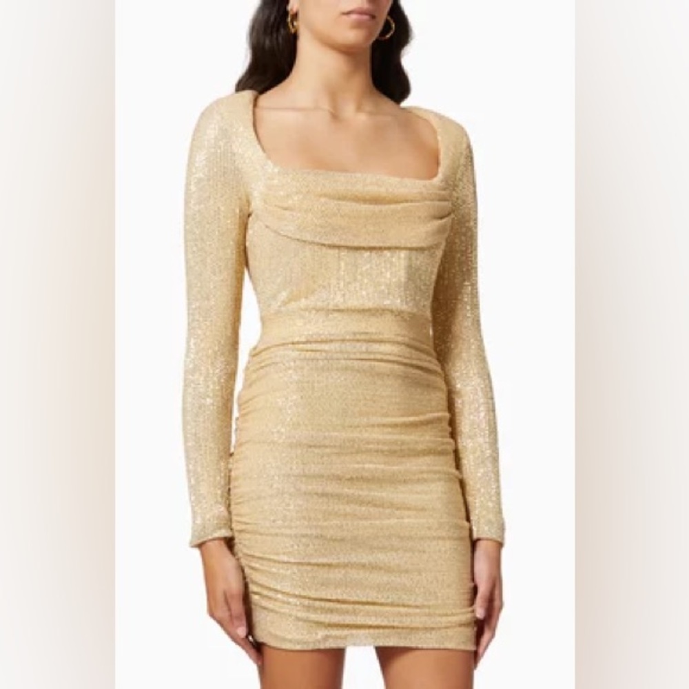 Lavish Alice RUCHED SEQUIN LONG SLEEVE MINIDRESS IN GOLD